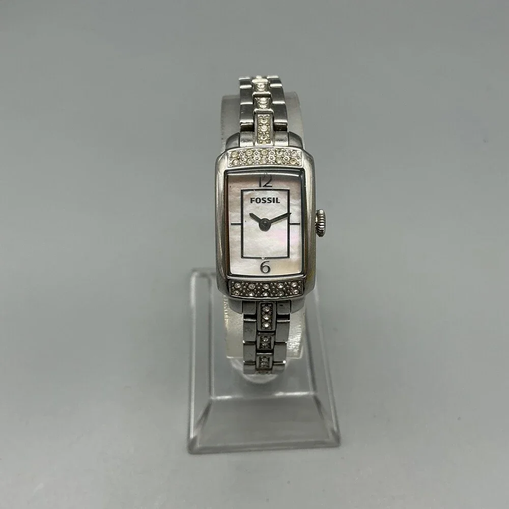Fossil Womens Watch 17mm White MOP Dial Silver Tone Crystal New Battery 6.5